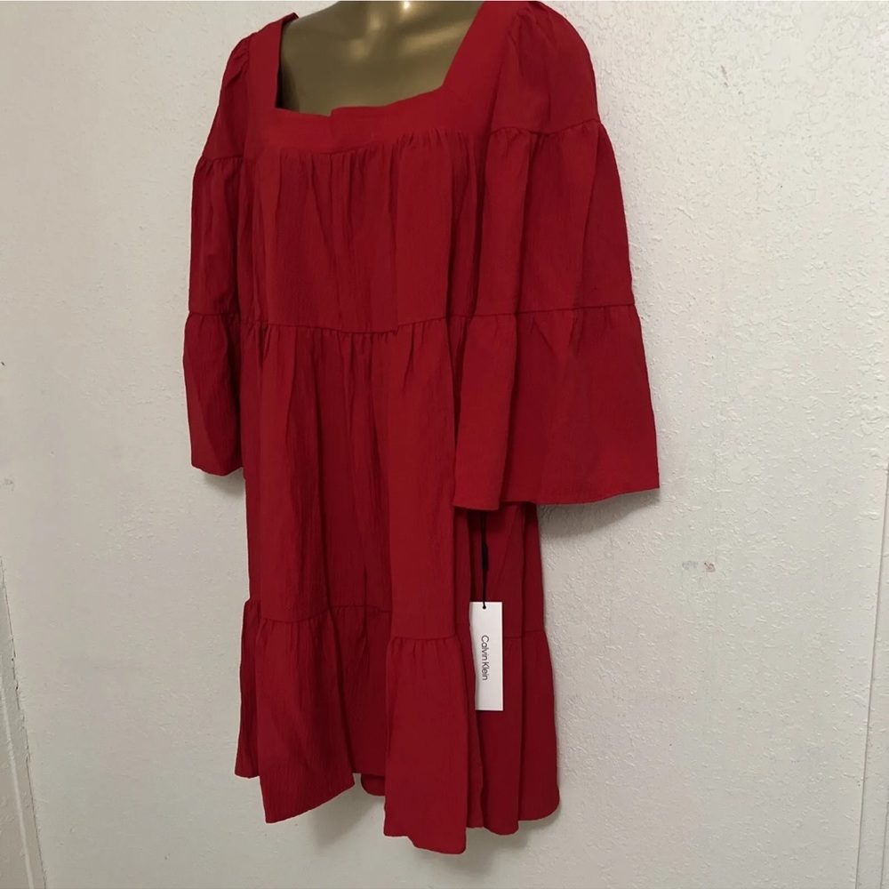 New Calvin Klein NWT  True RED ruffle Dress 3/4 Bell Sleeves size 10